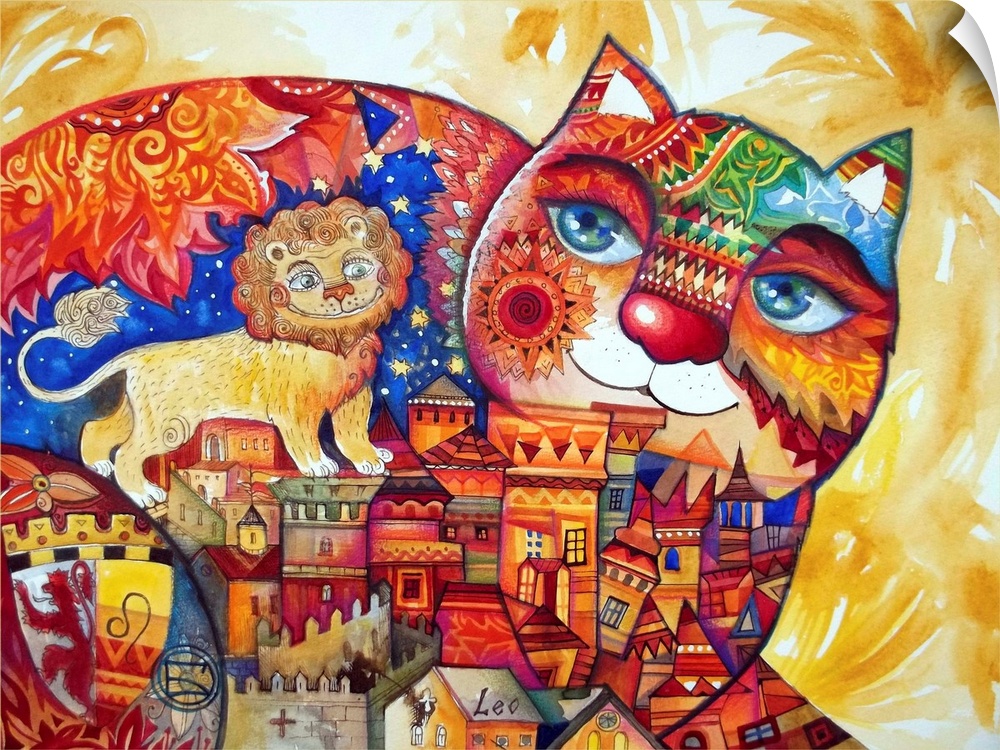 Watercolor painting of a cat decorated with symbols of the Leo zodiac sign.