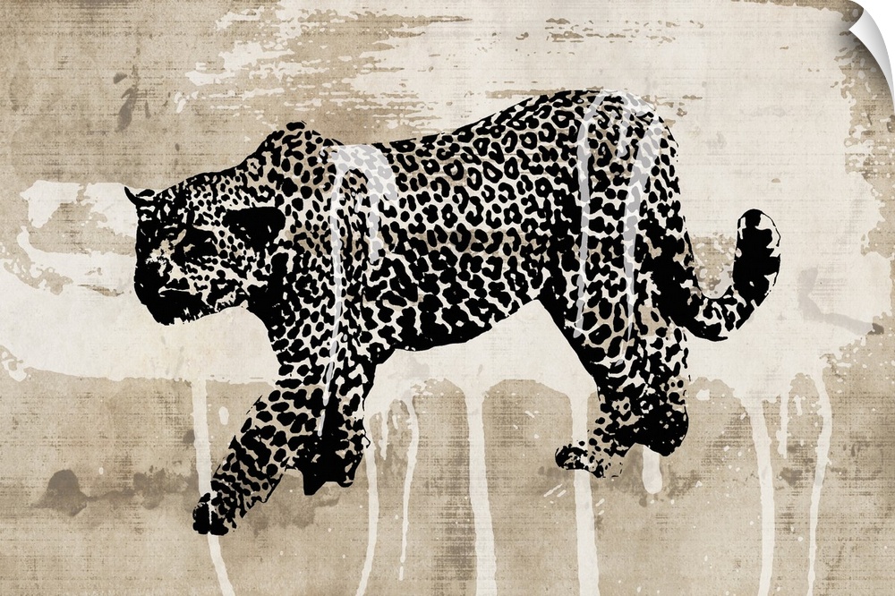 A contemporary painting of a black and white leopard against an abstract background.