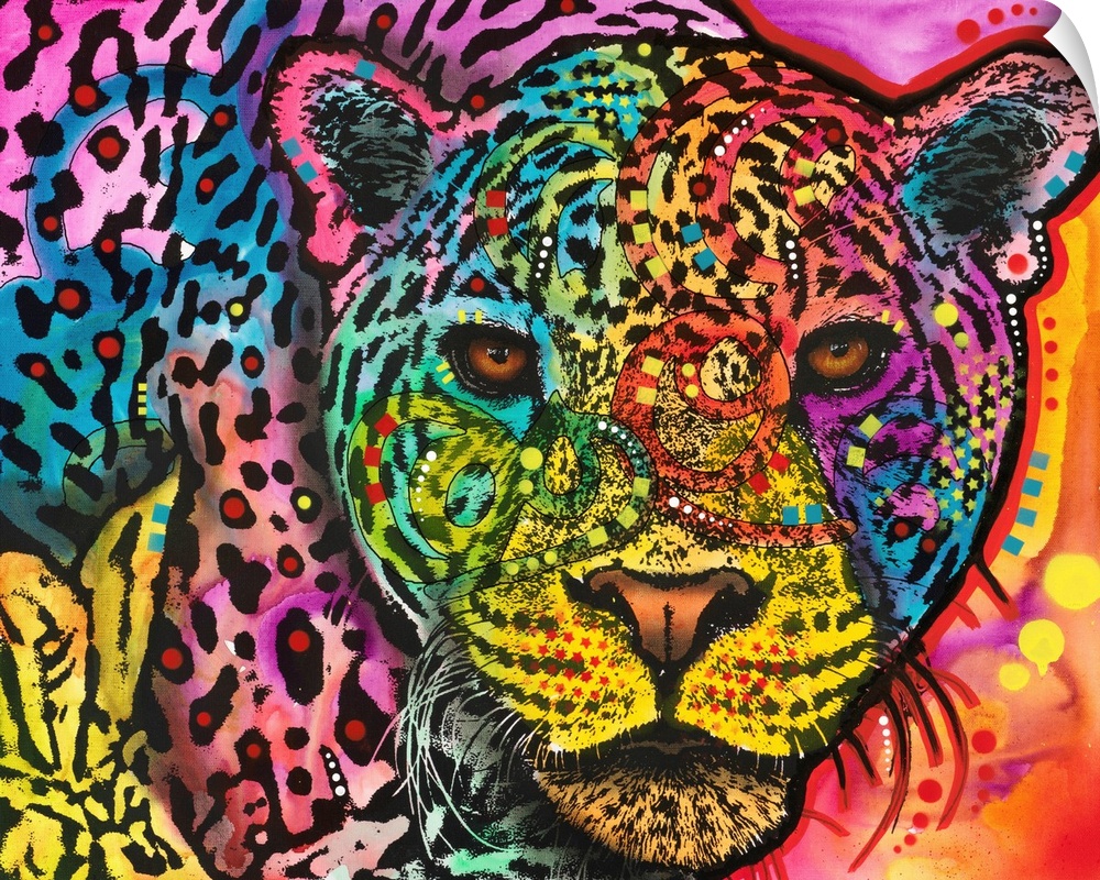 Close-up illustration of a Leopard with different colors and abstract markings all over.