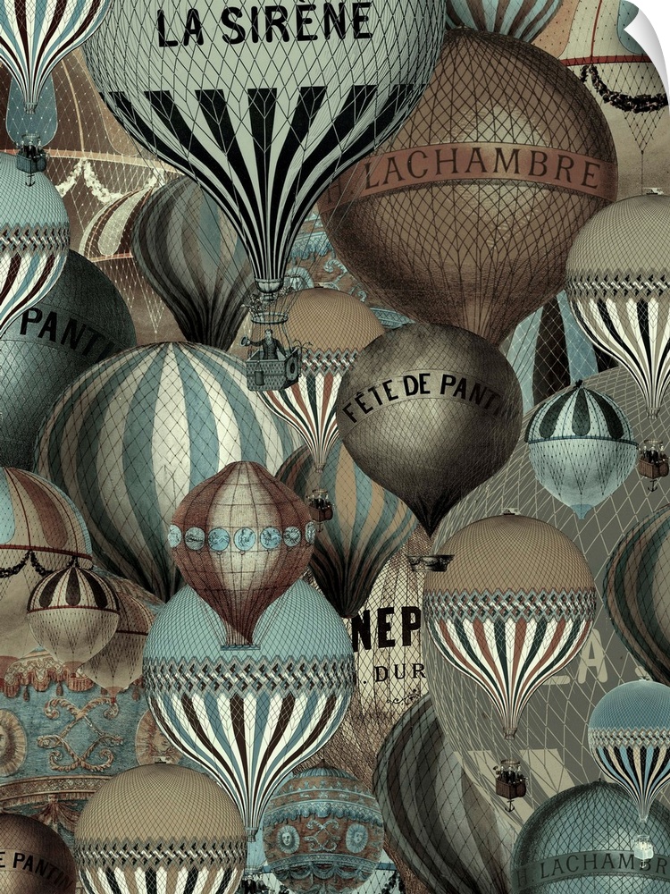 Artwork of vintage hot air balloons.