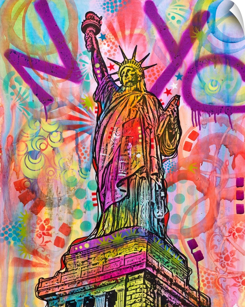 Graffiti style painting of the Statue of Liberty with "NYC" spray painted across the top in purple and and a colorful back...