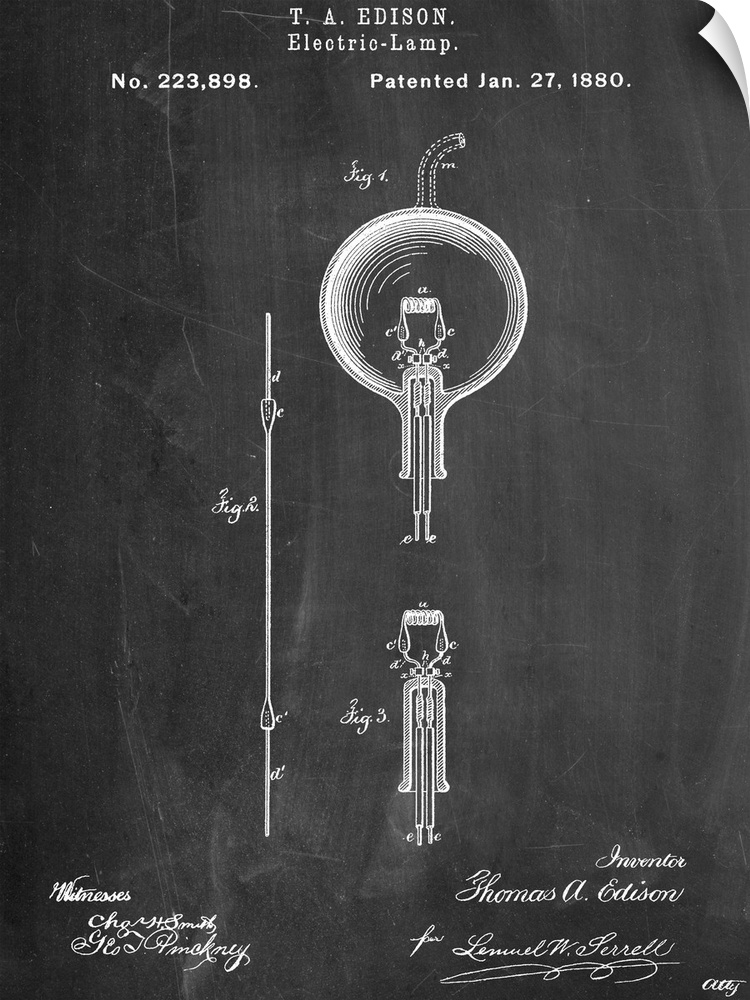Black and white diagram showing the parts of Edison's incandescent lamp.