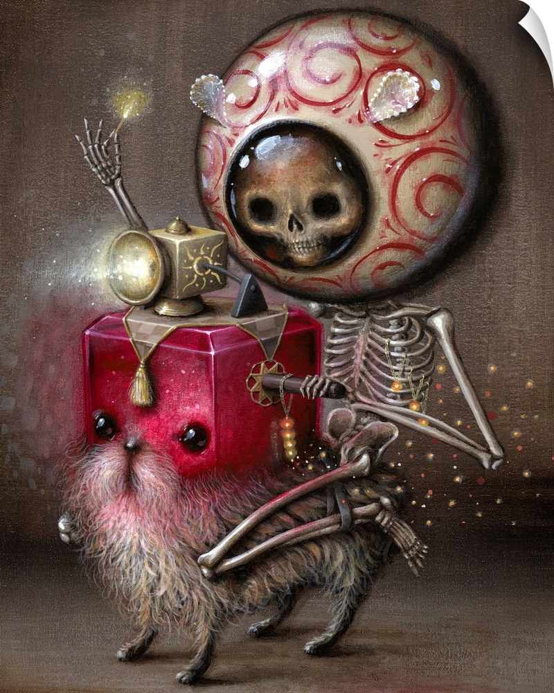 Surrealist painting of a human skeleton wearing a large colorful round helmet, riding a creature with a glowing red cube s...