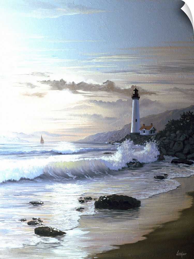 Contemporary painting of waves crashing on the coastline at twilight, with a lighthouse in the distance.