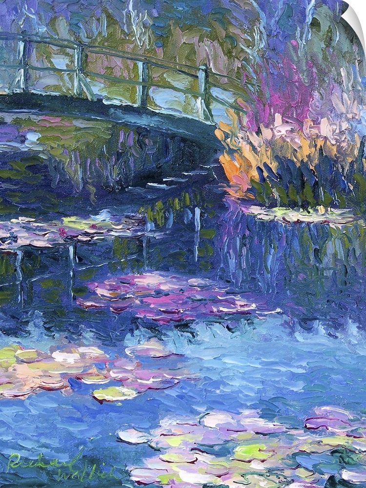 Contemporary painting of water lilies under a bridge in a pond.