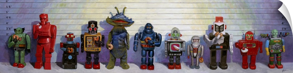 A contemporary painting of a police line up displaying retro Japanese robot toys holding and eating donuts.