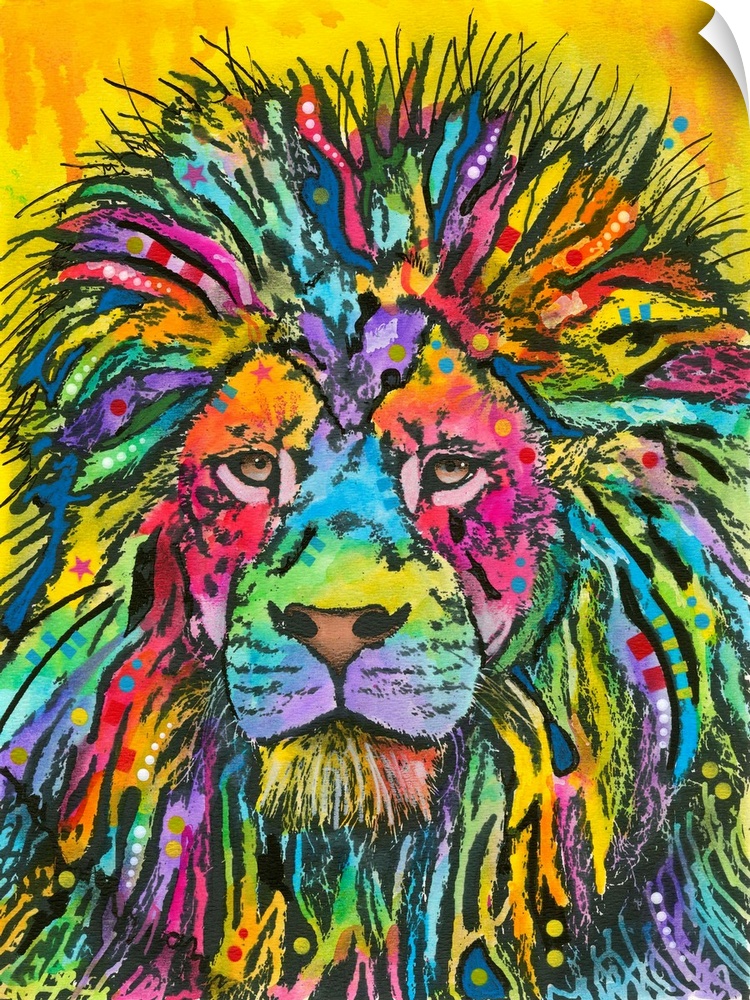 Colorful painting of a lion with abstract markings on a yellow background with paint drips.
