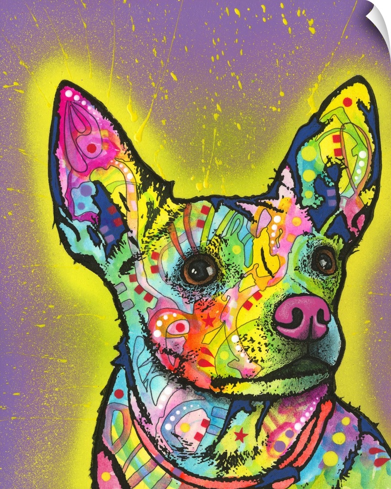 Pop art style painting of a colorful Italian Greyhound with graffiti-like designs on  a purple background with a yellow sp...