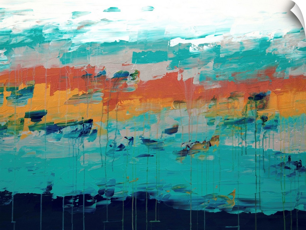A contemporary abstract painting muted tones of orange and turquoise.