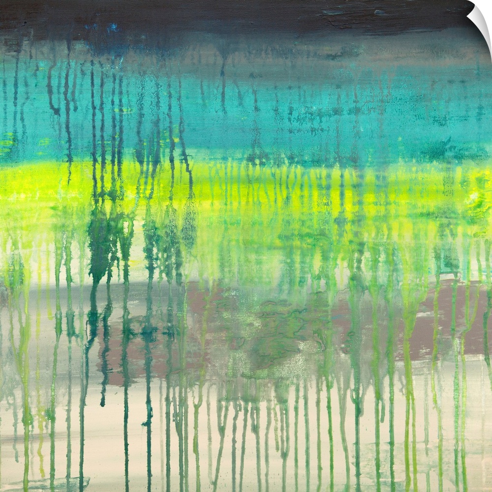 Contemporary abstract painting using neon lime green and teal with dark paint drips from the top of the image.