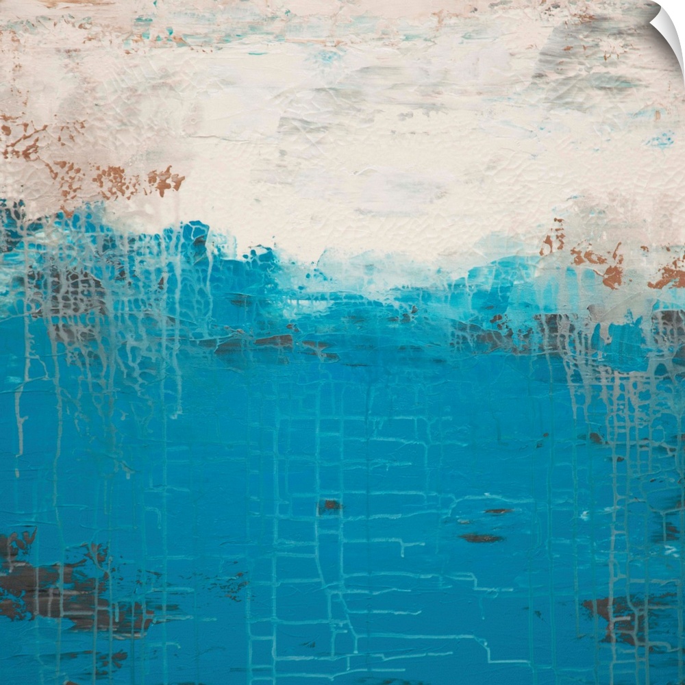Contemporary abstract painting in white and blue.