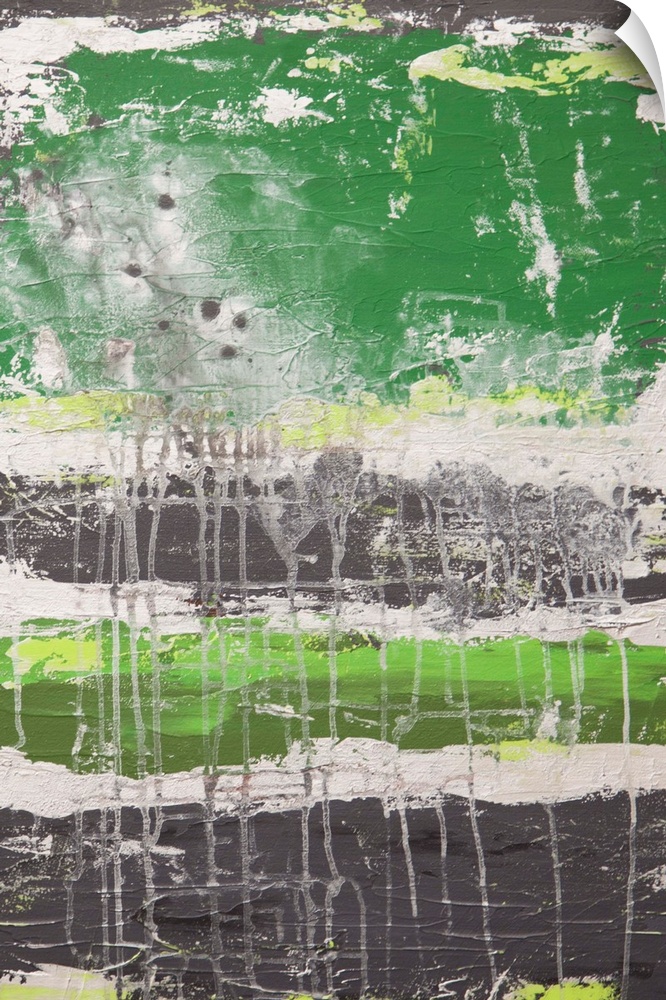 Contemporary abstract painting in green, white, and grey.