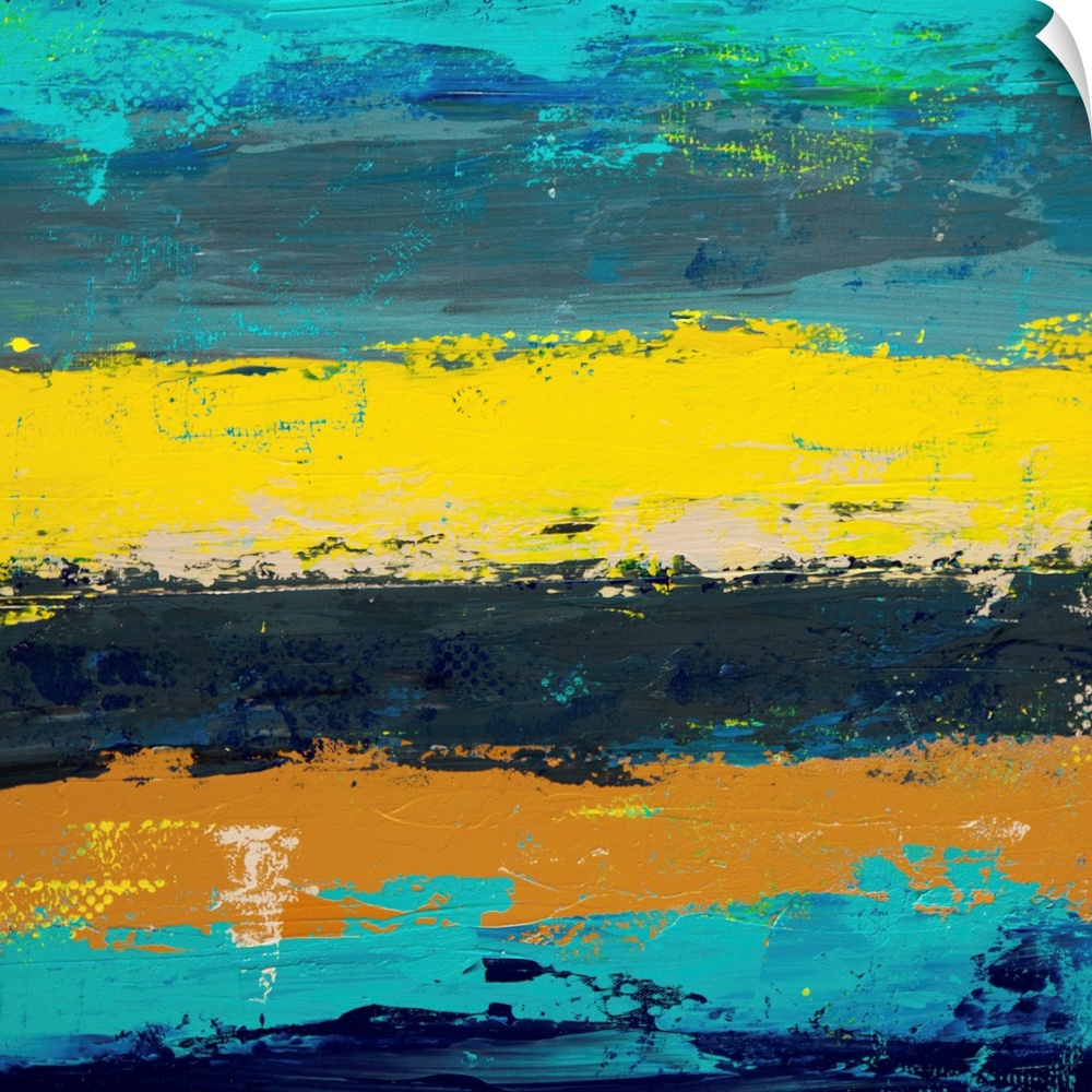 Contemporary abstract painting in yellow and turquoise.