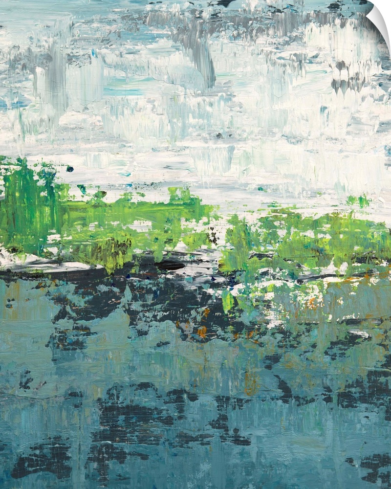 Contemporary abstract painting in grey, green, and white.