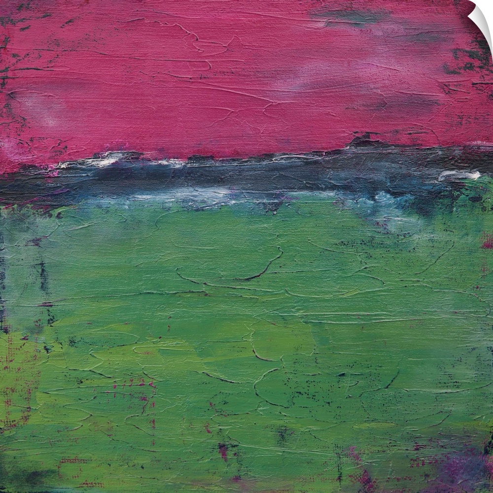 Contemporary abstract painting in green and fuchsia.