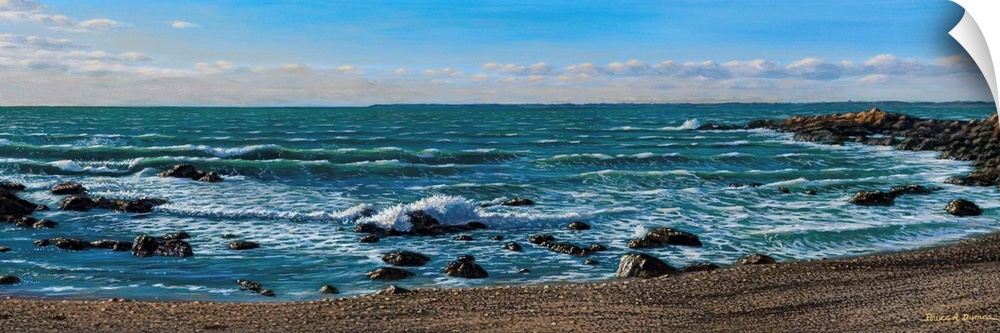 Contemporary painting of waves splashing on a sandy beach.