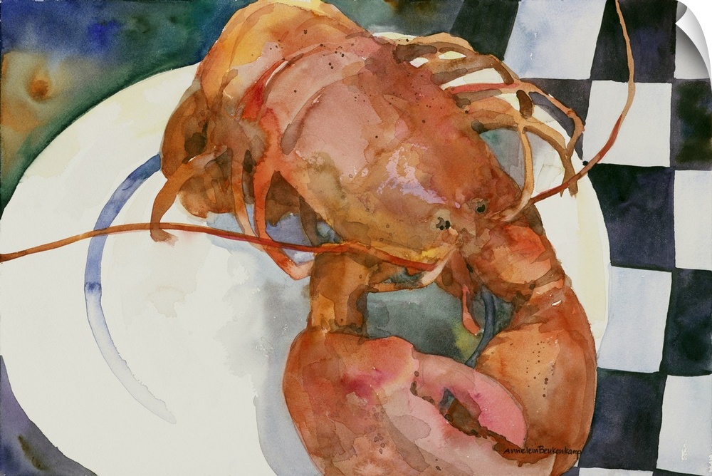 Contemporary watercolor painting of a lobster on a dinner plate.