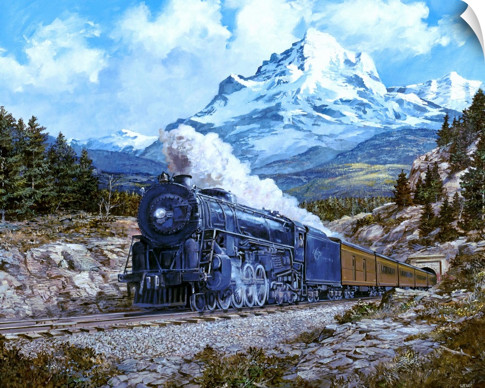 Contemporary painting of a locomotive passing through an idyllic mountainous landscape.