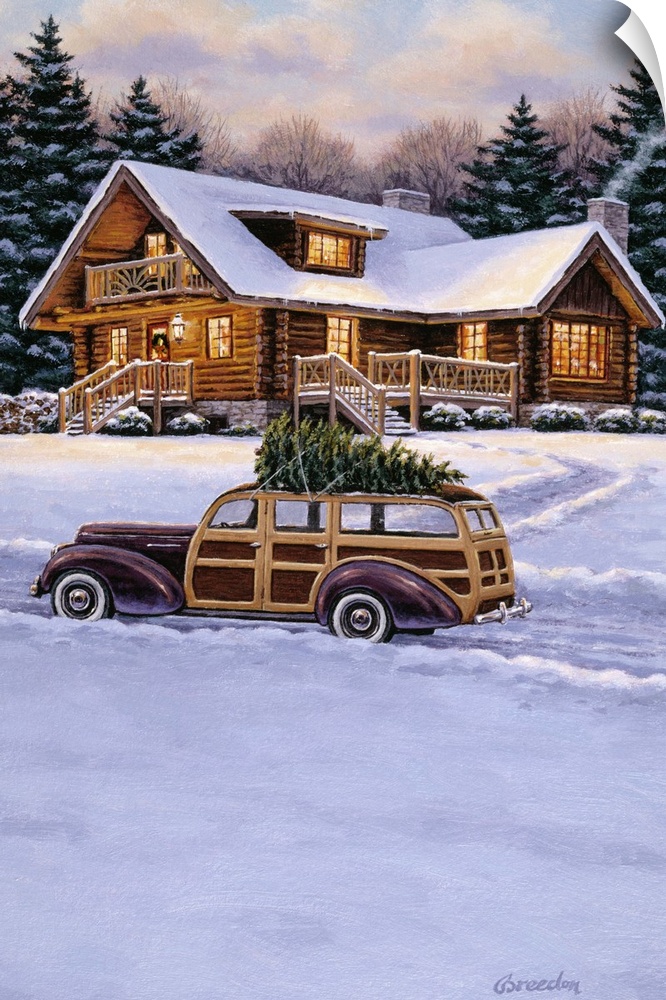 An old woody station wagon, with a christmas tree on top, parked in front of a log cabin with a wreath on the door.