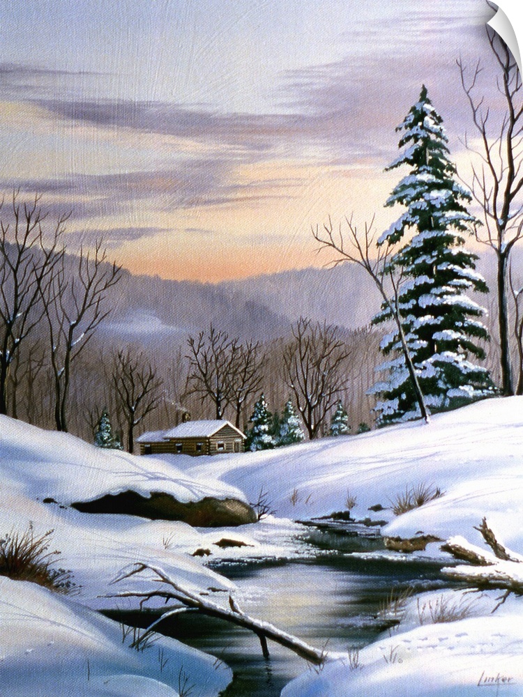 Contemporary painting of a cabin in the woods by a stream after a heavy snowfall.
