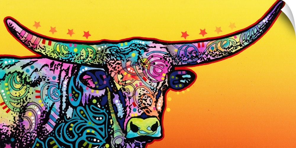 Colorful painting of a longhorn with abstract designs on a yellow and orange gradient background.
