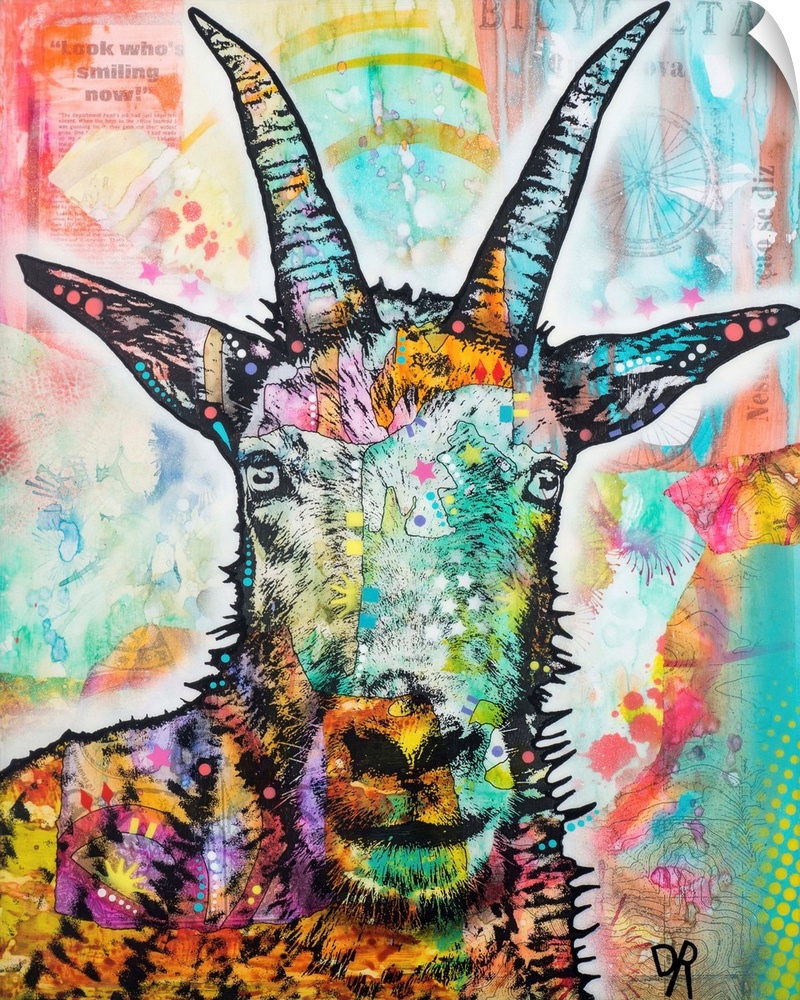 Painted portrait of a goat on a colorfully designed background.