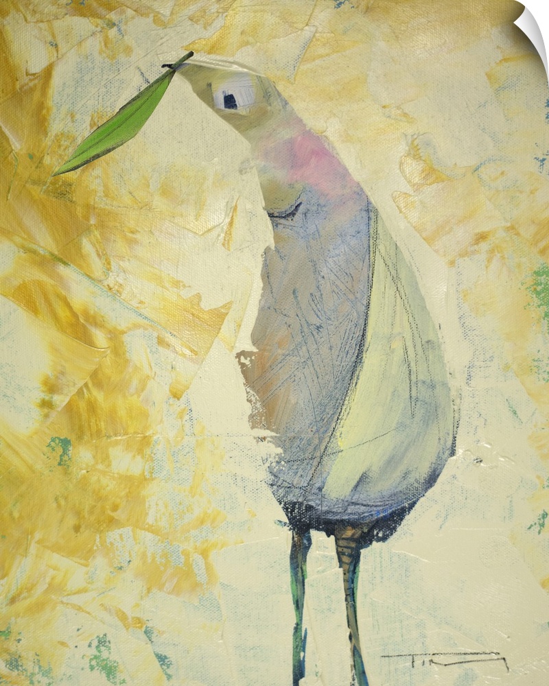 Contemporary painting of a bird holding a small leaf.
