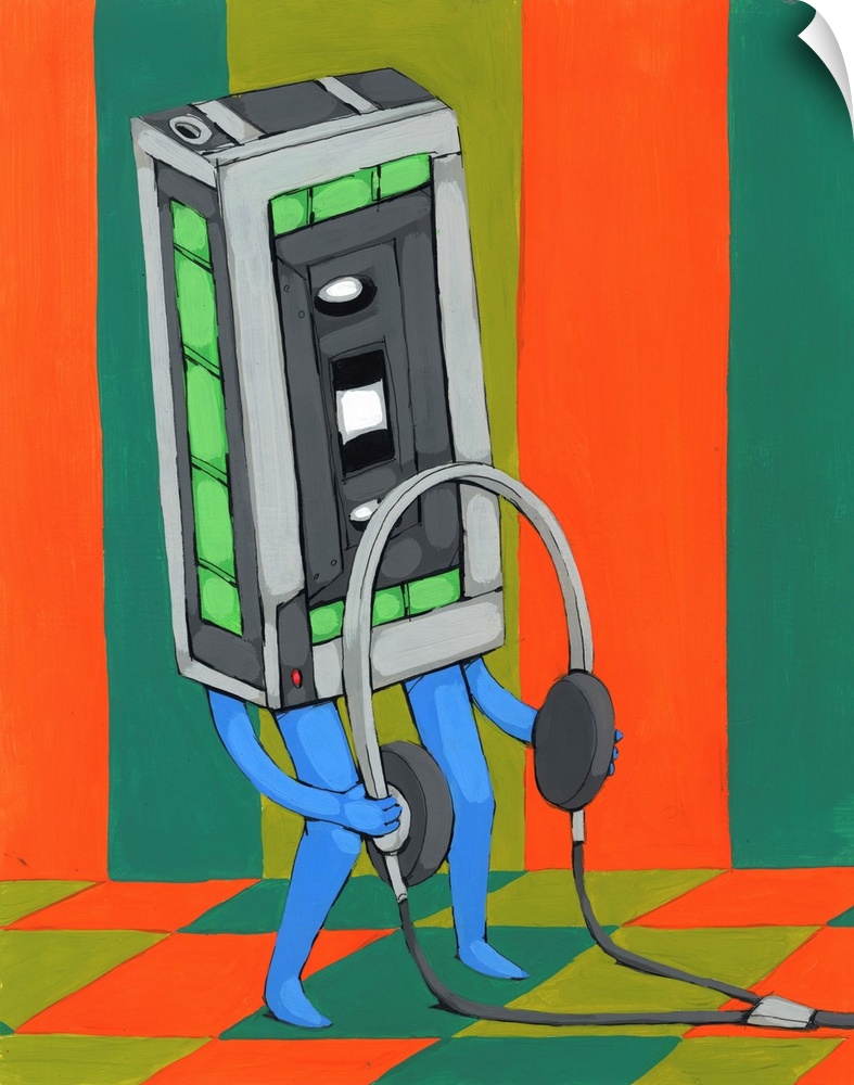 Painting of a cassette tape player with arms and legs holding a pair of headphones on an orange, teal, and yellow-green pa...