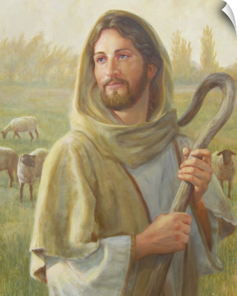 Jesus Christ as a shepherd in a field, holding a crook.