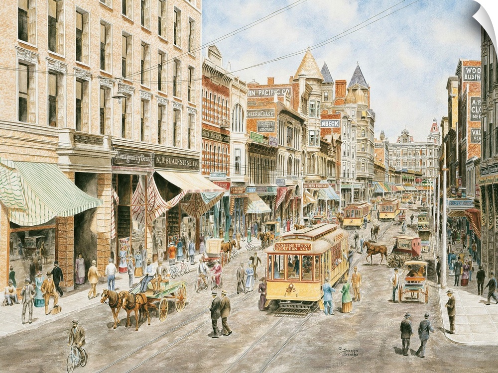 Contemporary painting of a bustling city street.