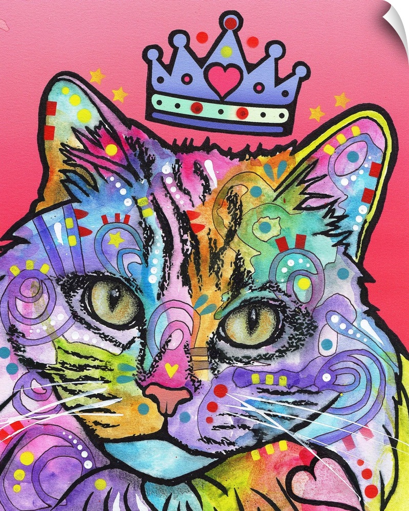 Colorful illustration of a princess cat wearing a crown and covered in abstract markings on a pink background.
