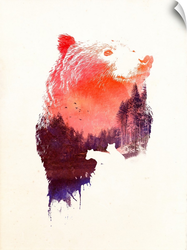 Pop art of a bear with a serene forest scene in its fur.