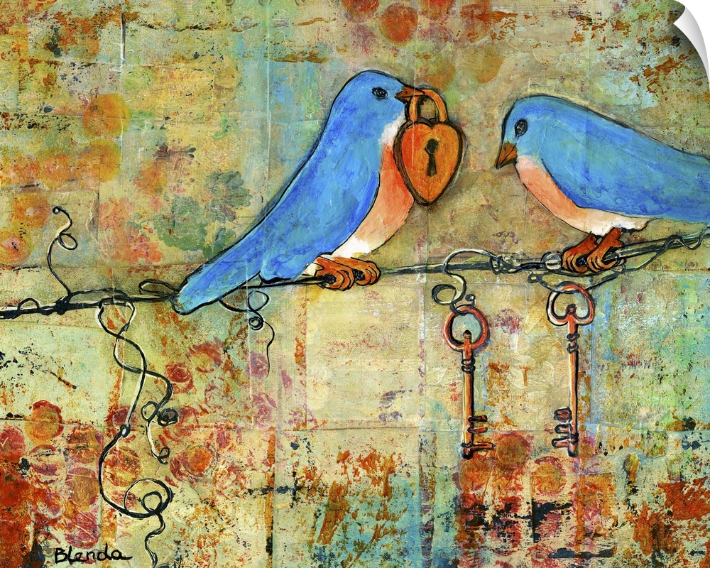 Lighthearted contemporary painting of two bluebirds with one of them holding a love lock, against an abstract background.