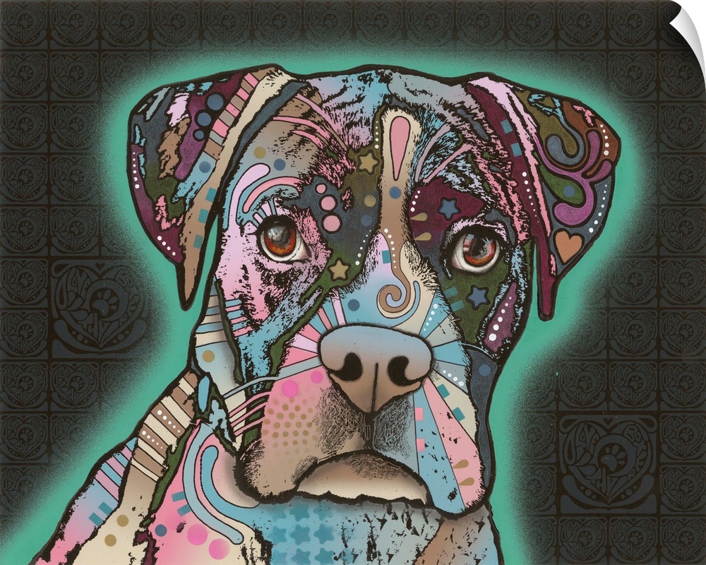 Colorful illustration of a Boxer with a teal spray painted outline on a dark detailed background.