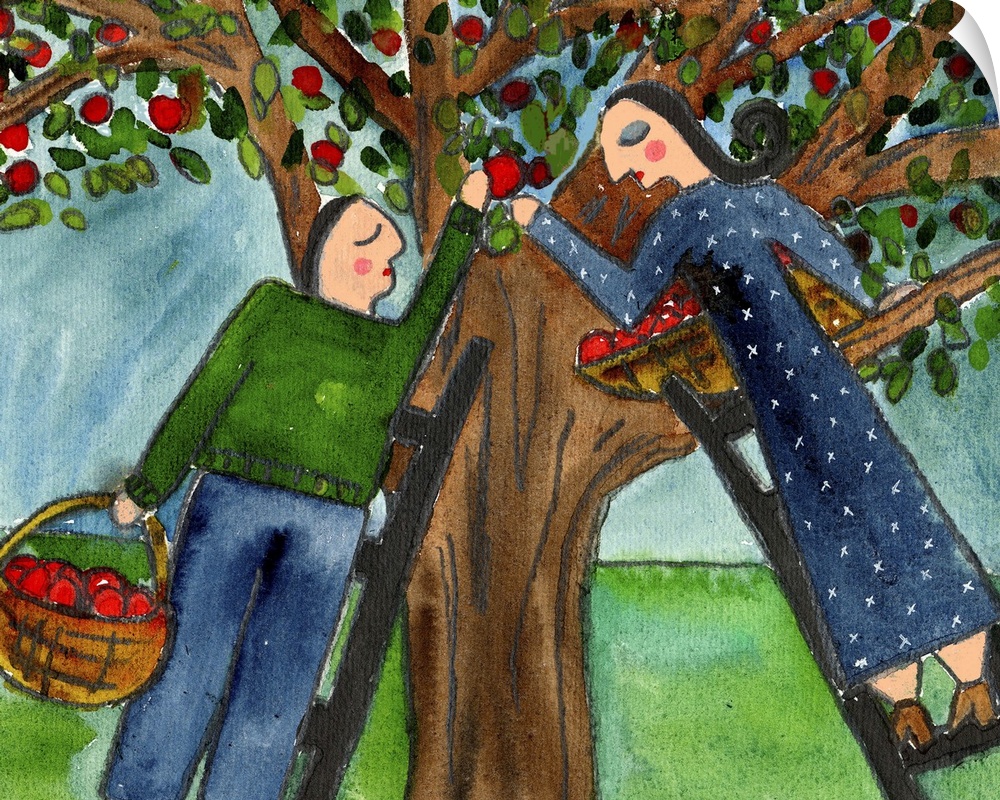 A couple in love picking apples from an apple tree.