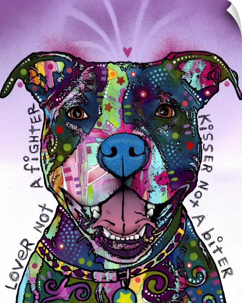 Painting in an abstract manner of a dog created with various patterns and colors and text written on both sides.