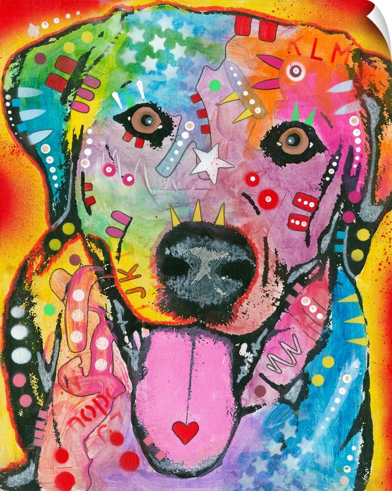 Colorful painting of a Labrador with graffiti-like markings on a red and yellow background.