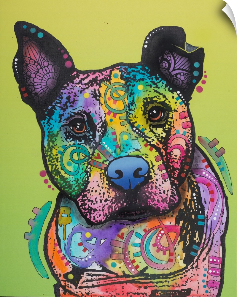Colorful painting of a pit bull covered in shaped designs on a yellow-green background.