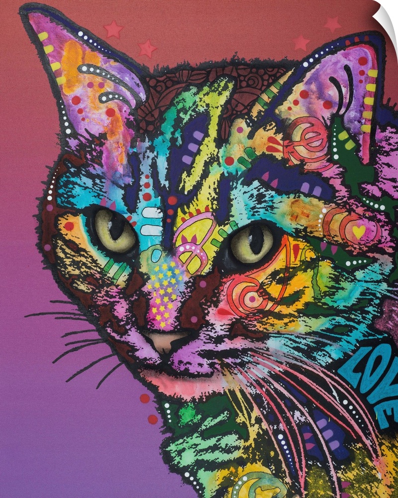 Colorful illustration of a cat with abstract designs all over on a maroon to purple gradient background.