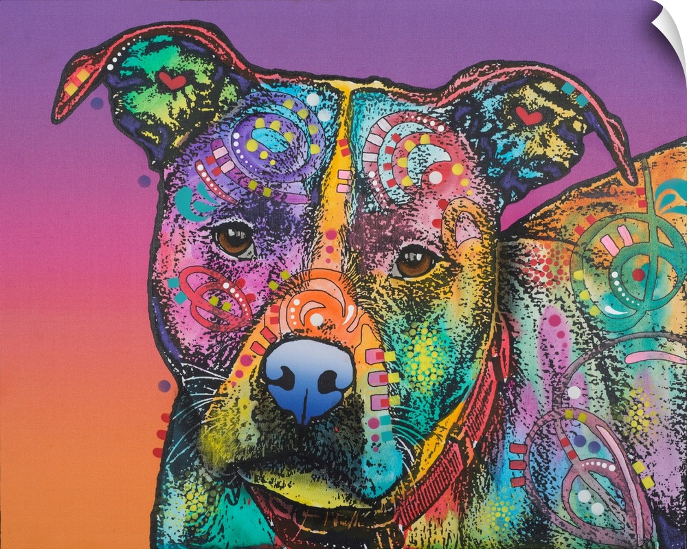 Colorful painting of a pit bull covered in shaped designs on a purple to orange gradient background.