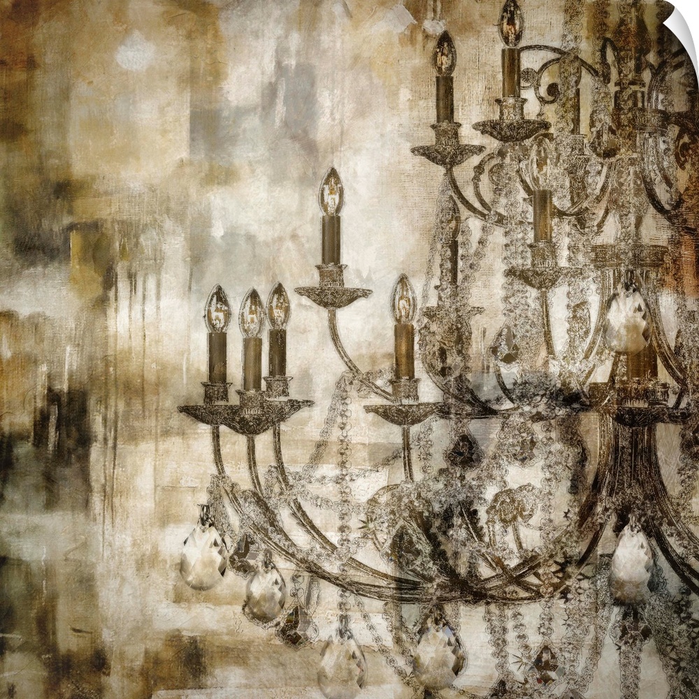 Monochromatic wall docor featuring a crystal chandelier atop a distressed, grunge background.
