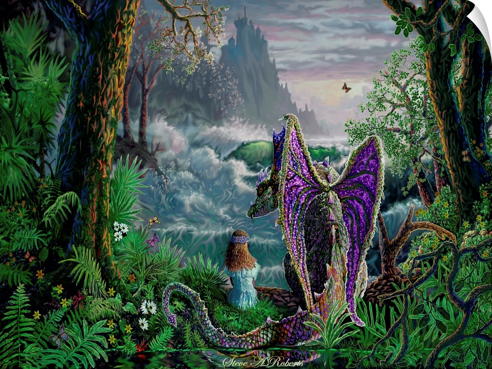 Girl sitting next to a dragon looking over the prehistoric landscape