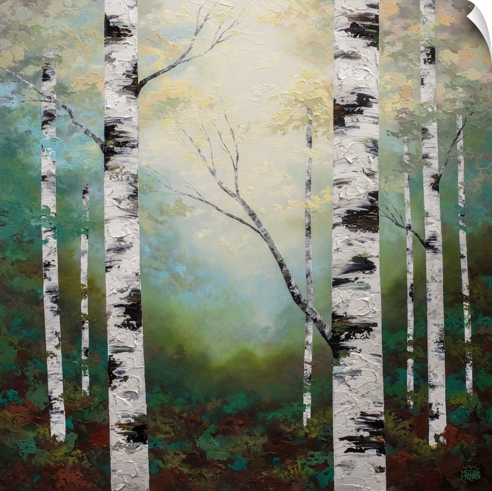 Ethereal forest landscape painting of birch trees and aspen trees in sunlight Giclee art print on canvas by contemporary a...