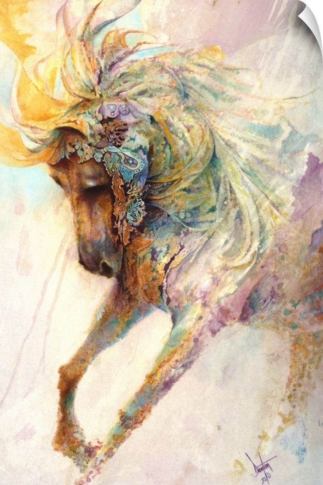 Contemporary painting of a horse with a colorful magical looking mane.