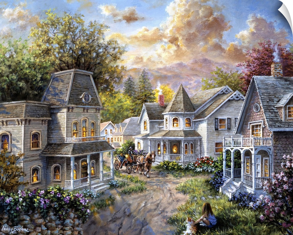 Painting of village scene featuring houses with glowing windows. Product is a painting reproduction only, and does not con...
