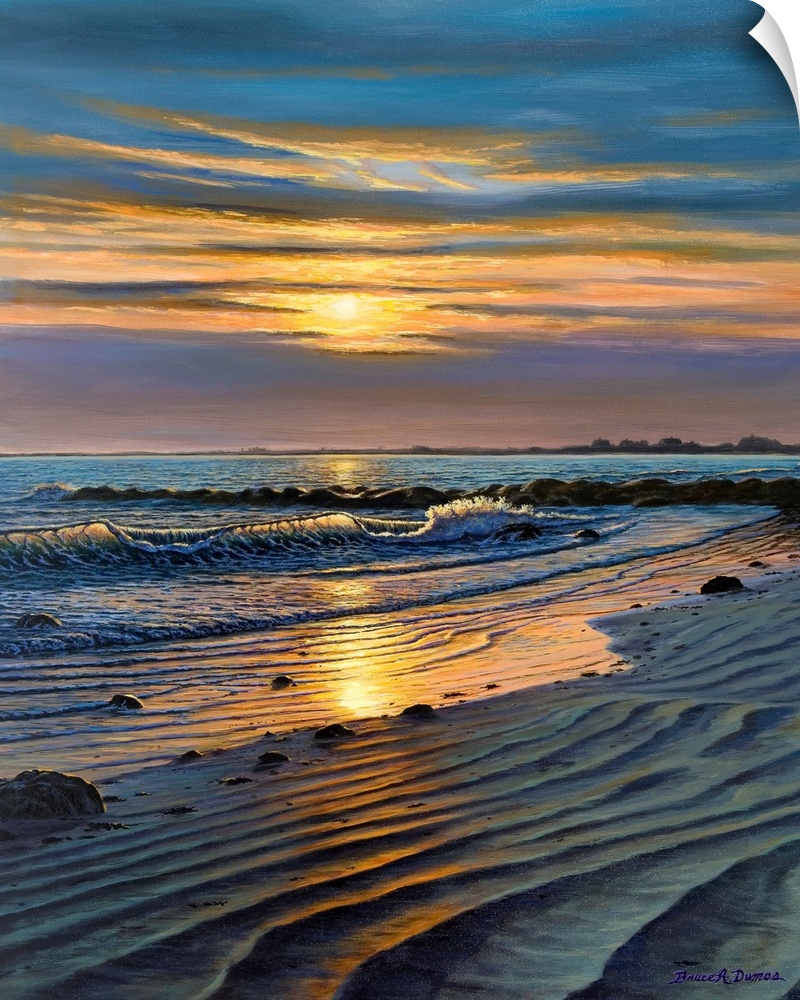 Contemporary artwork of a beach and ocean views at sunset
