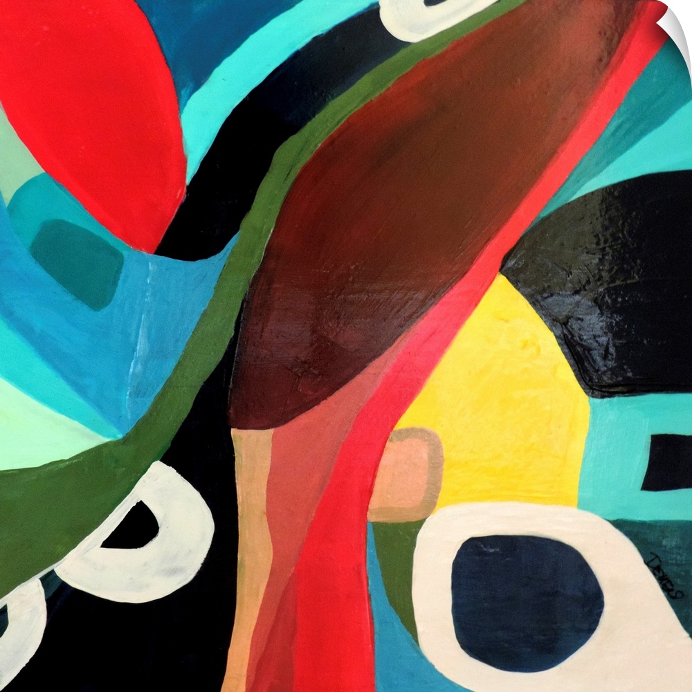 Contemporary abstract painting using wild colors and shapes.