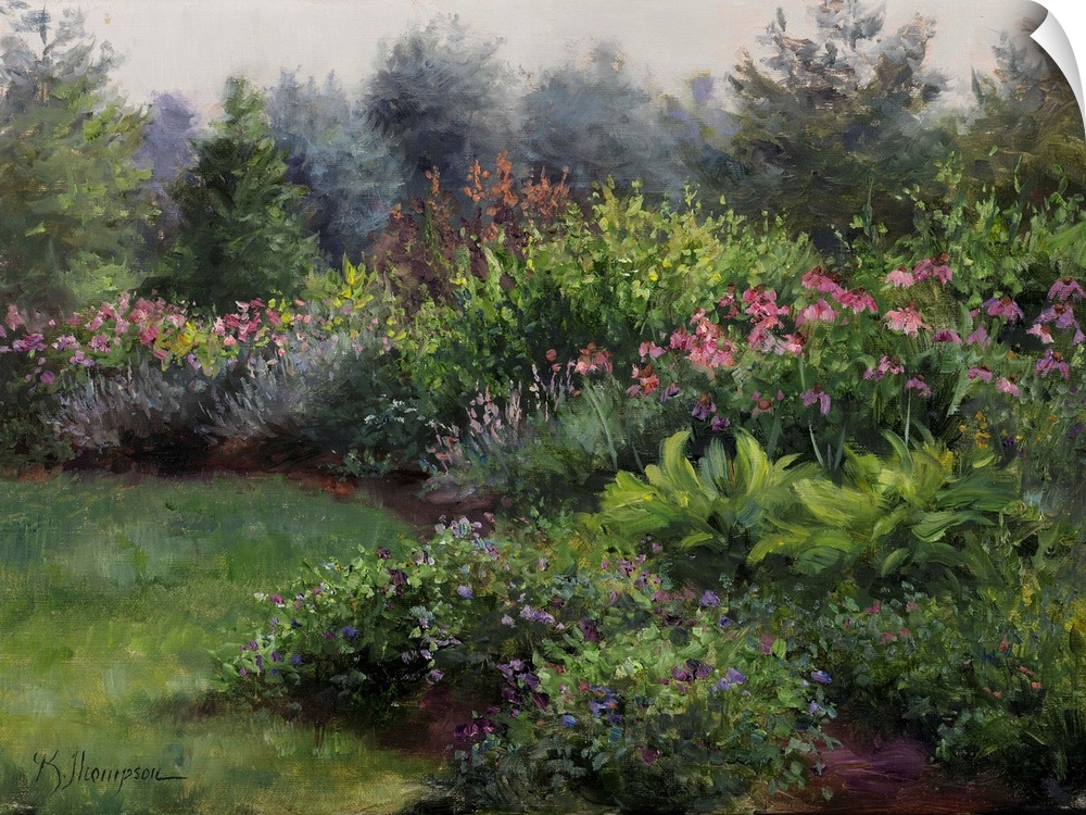 Contemporary colorful painting of an idyllic garden scene.