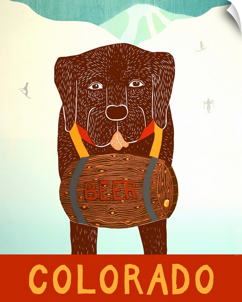 Illustration of a chocolate lab with a barrel of beer around its neck on the ski slopes with "Colorado" written on the bot...