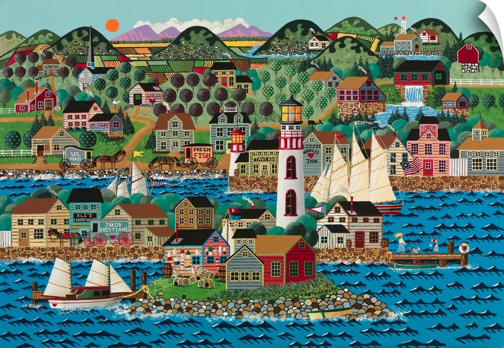 A contemporary painting of the iconic Americana coastal village.
